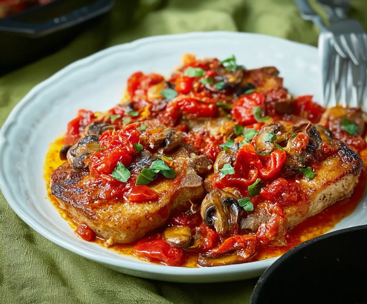 Juicy pork chops topped with Italian herbs and melted cheese on a rustic plate.