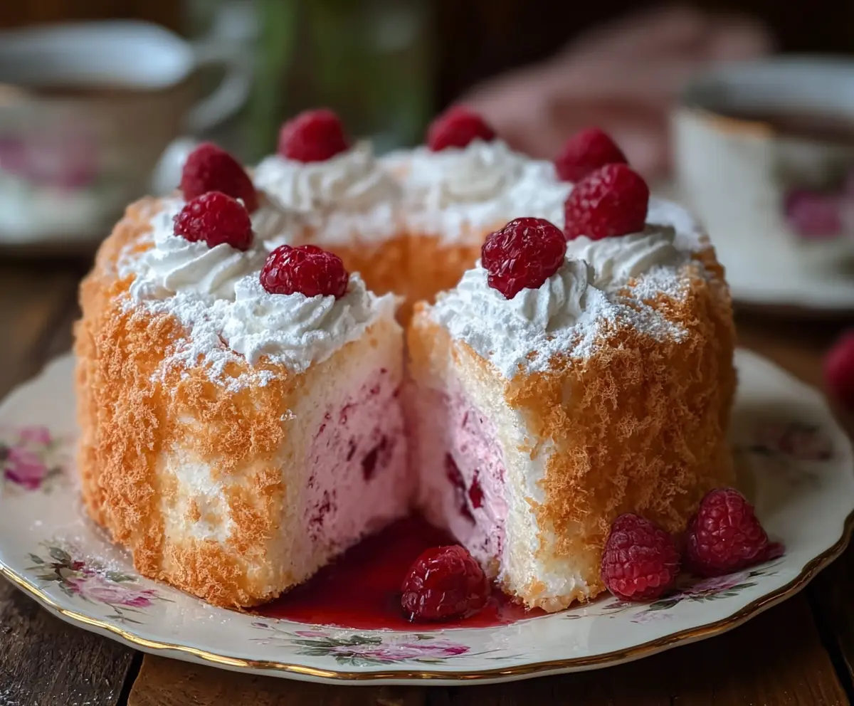 Delicious raspberry angel food cake topped with fresh raspberries and mint leaves.