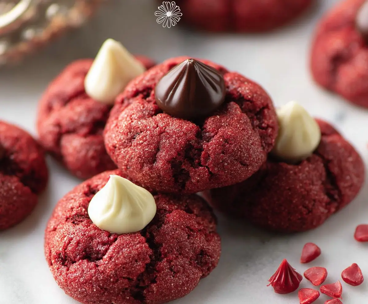 Delicious Red Velvet Blossom Cookies with vibrant red dough and chocolate kiss topping