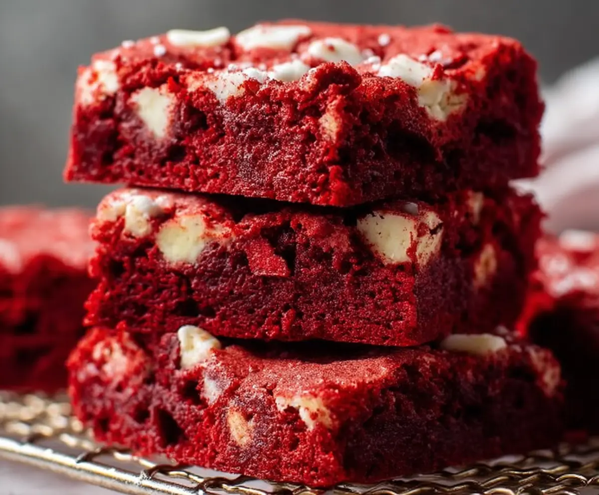 Delicious red velvet brownies with rich chocolate frosting and vibrant red color.