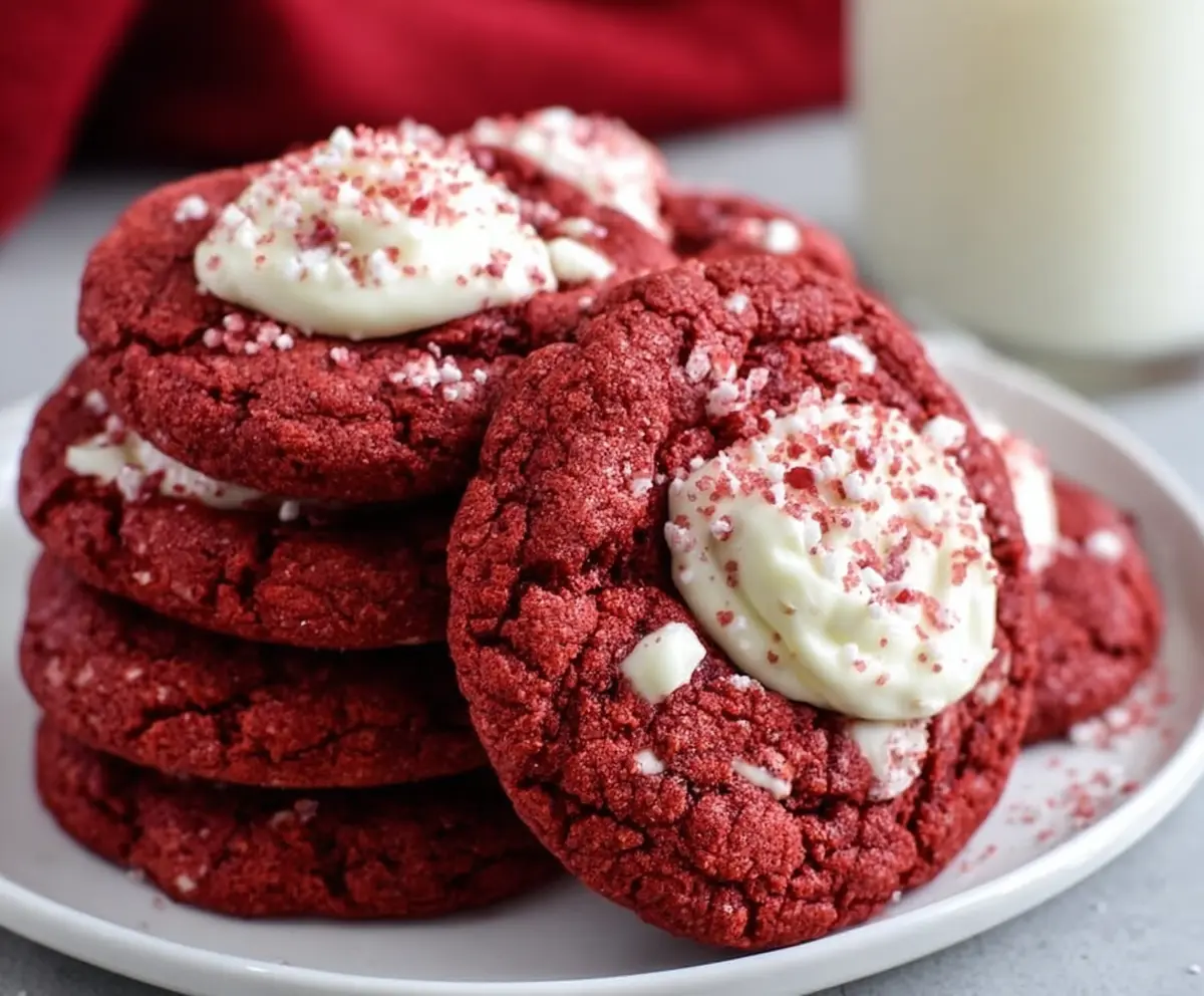 Delicious Red Velvet Cake Mix Cookies with creamy frosting on a plate.