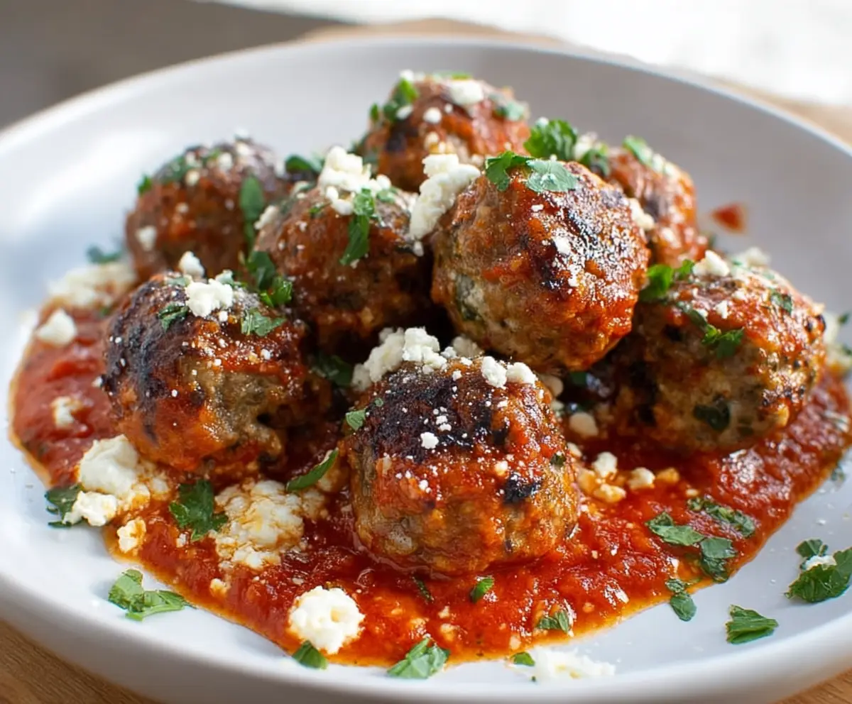 Delicious homemade ricotta meatballs served with marinara sauce and fresh herbs.