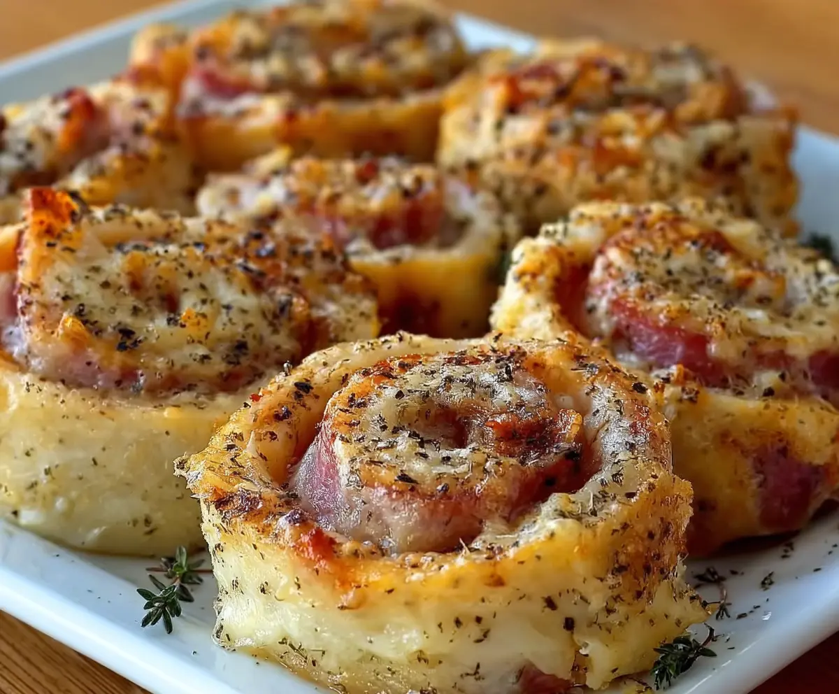 Delicious savory ham and cheese pinwheels fresh out of the oven, perfect for snacks or parties.