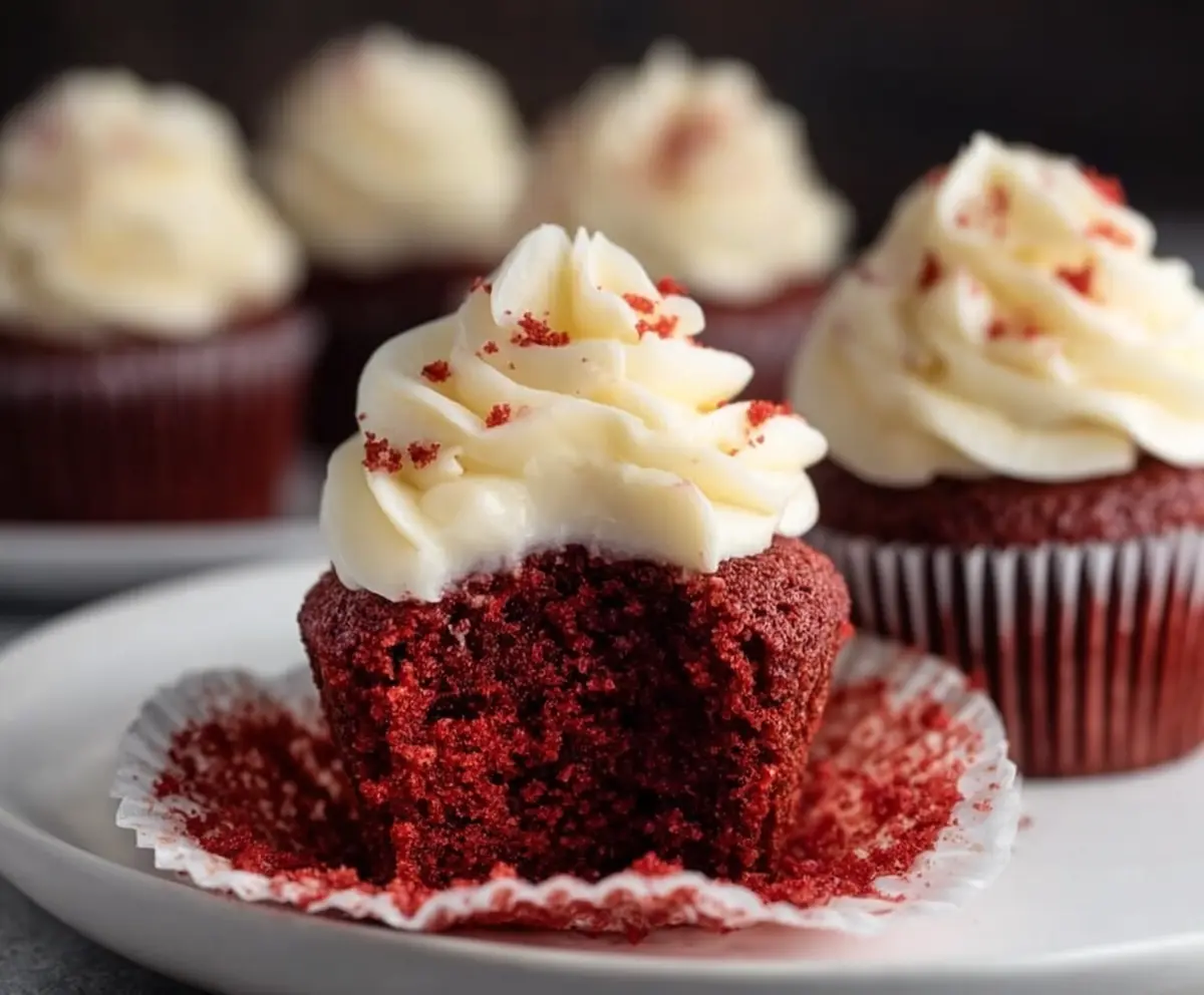 Delicious small batch red velvet cupcakes with cream cheese frosting on a decorative plate.