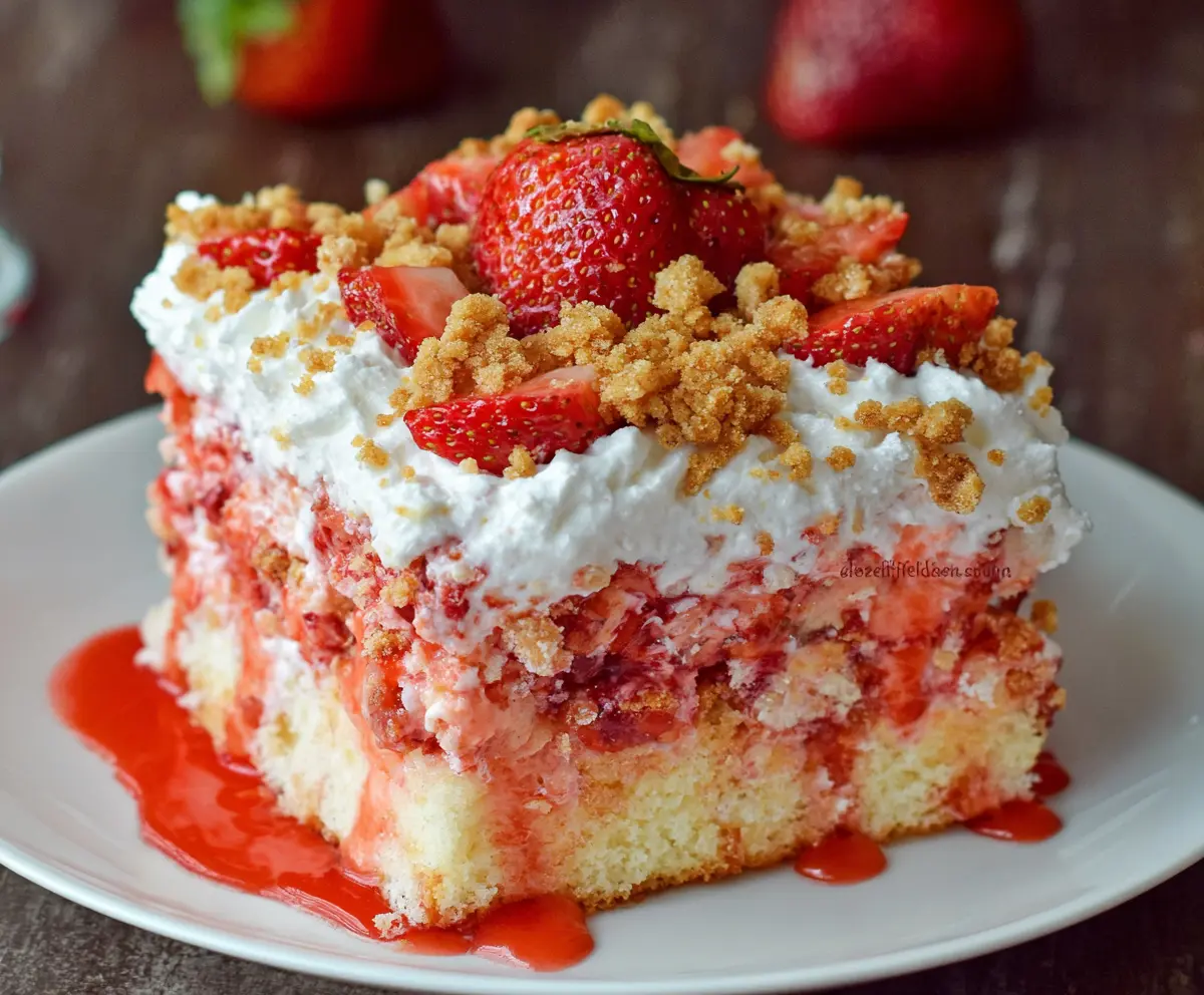 Strawberry Crunch Poke Cake
