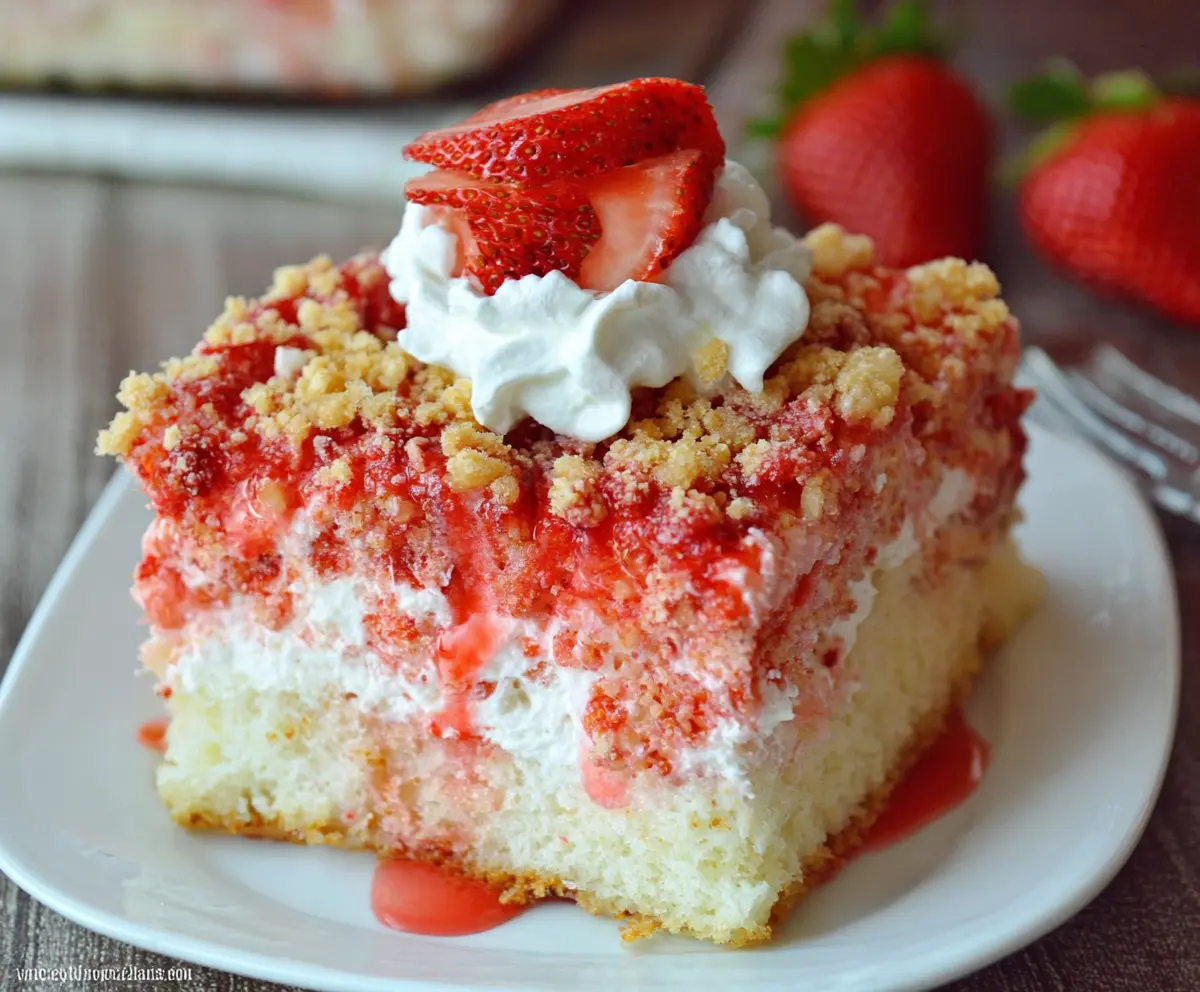 Delicious Strawberry Crunch Poke Cake garnished with fresh strawberries and creamy topping.