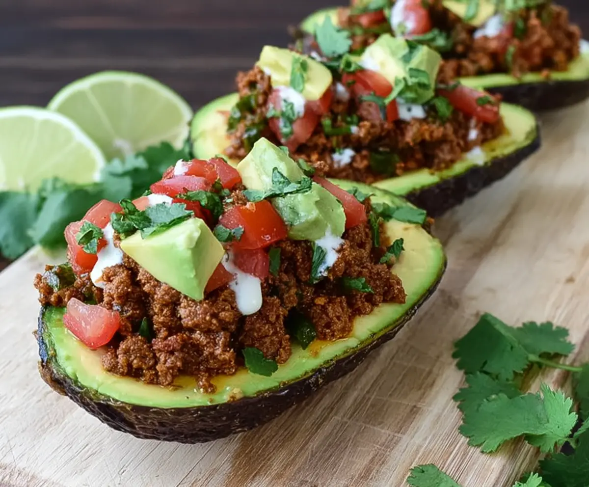Delicious stuffed avocado taco boats filled with fresh ingredients and vibrant flavors.