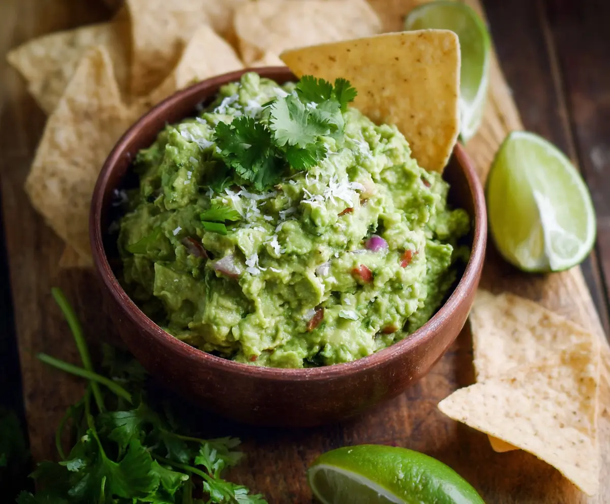 Creamy homemade guacamole with ripe avocados, diced tomatoes, onions, and cilantro served in a bowl.