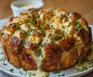 Delicious Chicken Alfredo Monkey Bread with melted cheese and tender chicken pieces.
