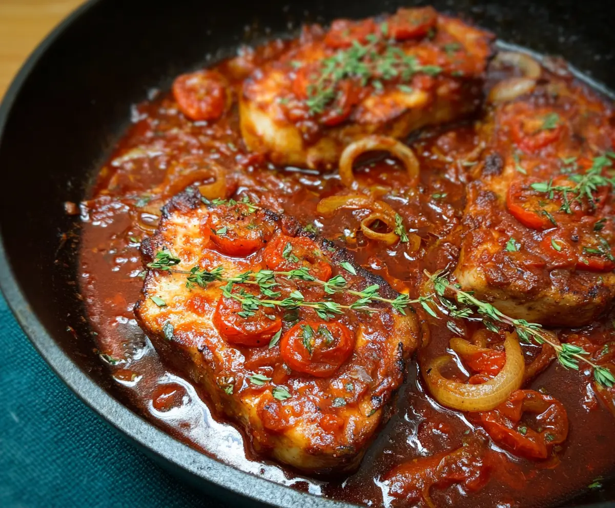 Delicious tomato pork loin chops served on a plate with fresh vegetables, highlighting a flavorful homemade recipe.