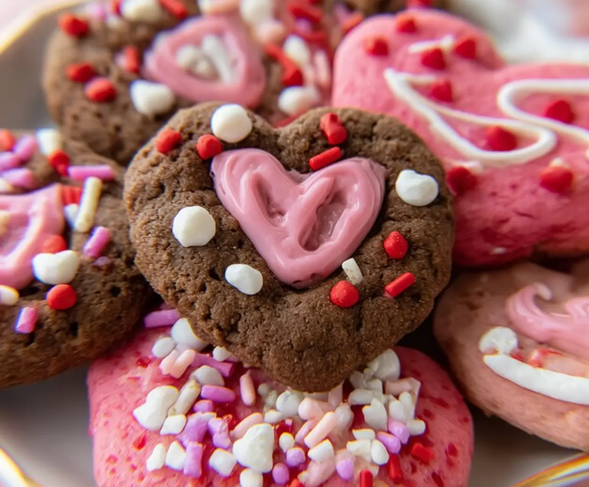 Decorative Valentine's Day cookies with red and pink icing for romantic celebrations