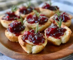 Delicious Balsamic Cranberry Brie Bites served on a festive platter, showcasing melted Brie cheese with tangy cranberries and balsamic glaze.