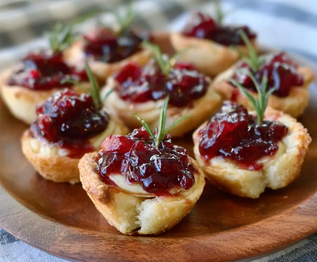 Delicious Balsamic Cranberry Brie Bites served on a festive platter, showcasing melted Brie cheese with tangy cranberries and balsamic glaze.
