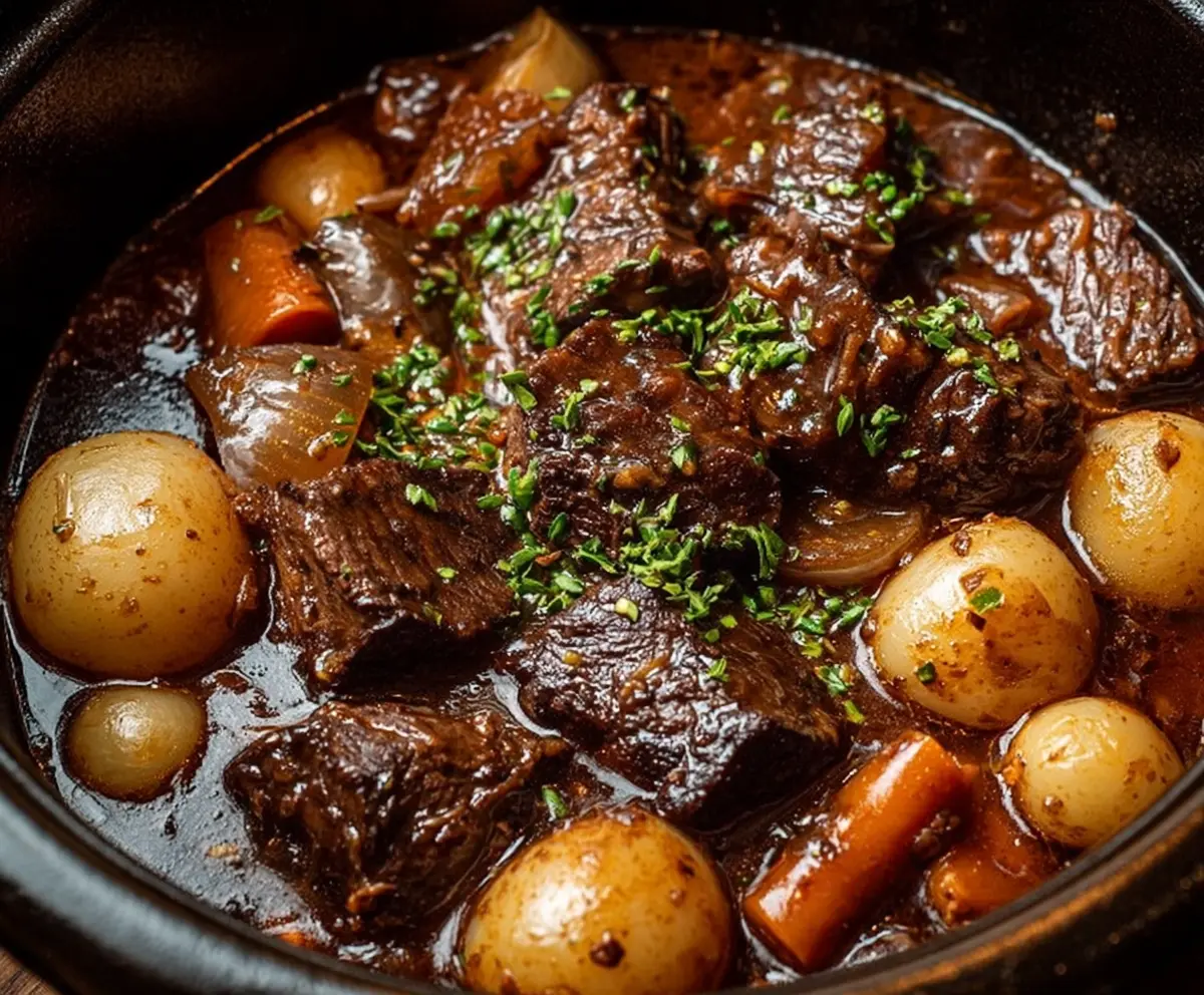 Delicious Beef Bourguignon with tender beef chunks, vegetables, and rich wine sauce in a French-inspired dish