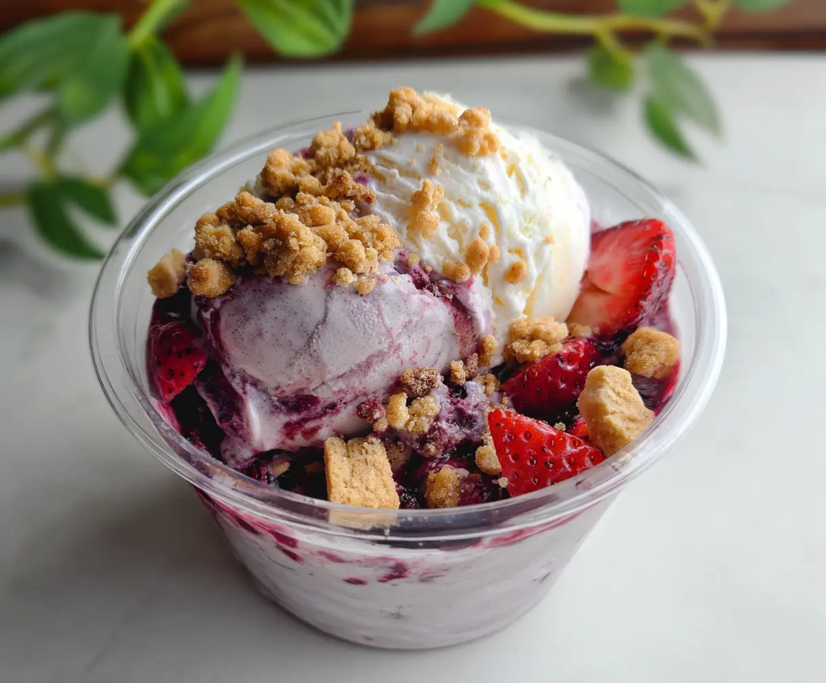 Delicious homemade Berry Crumble Ice Cream with fresh berries and buttery crumble topping.