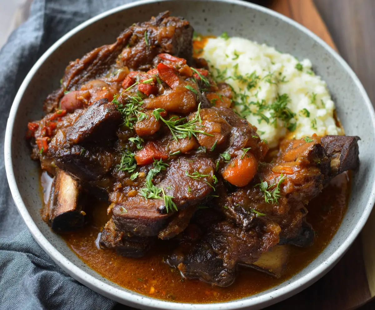 Juicy braised pork ribs with a rich glaze on a rustic plate, garnished with fresh herbs.