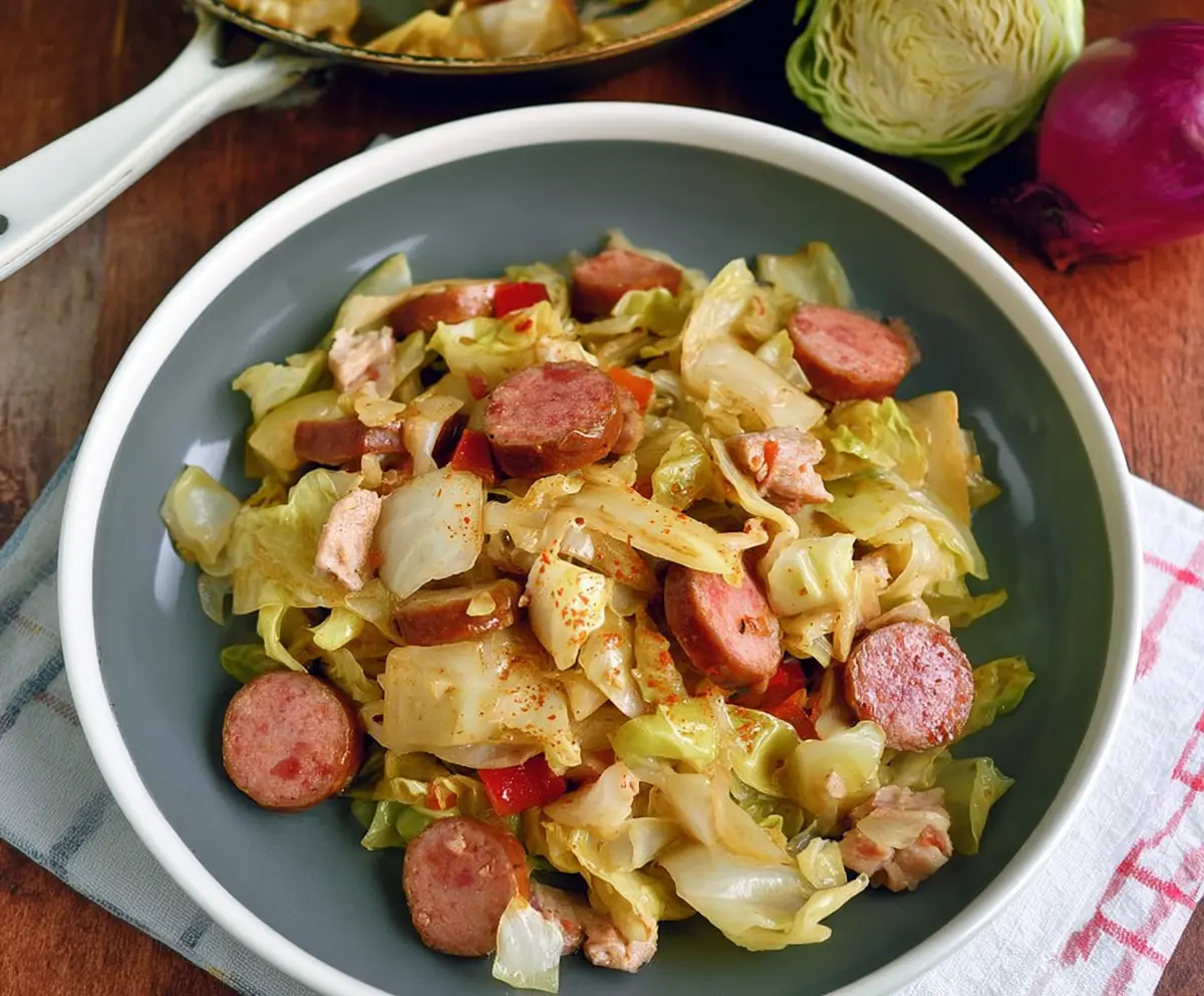 Delicious cabbage and sausage side dish served on a plate, perfect for a hearty meal.