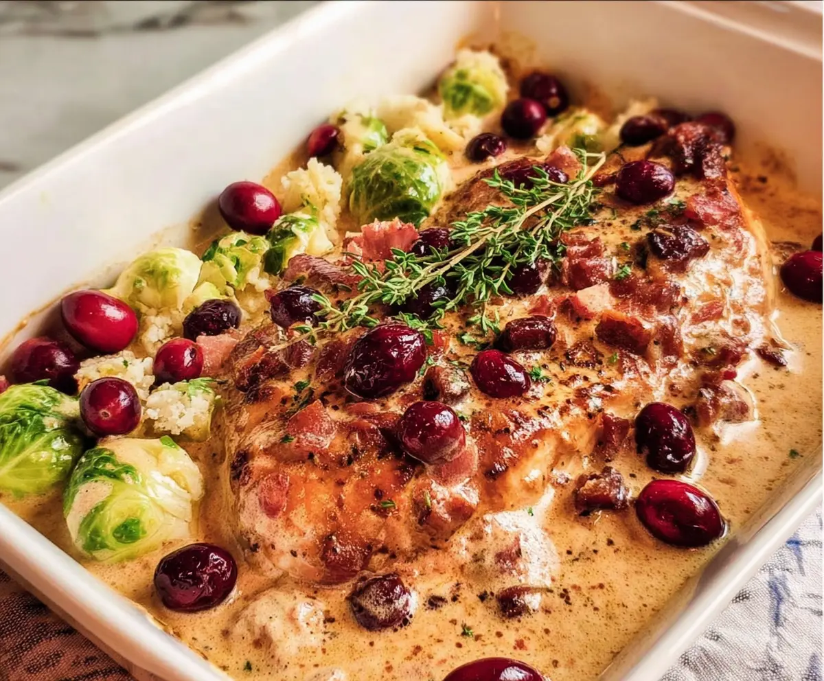 Creamy cranberry chicken served with fresh herbs on a white plate.