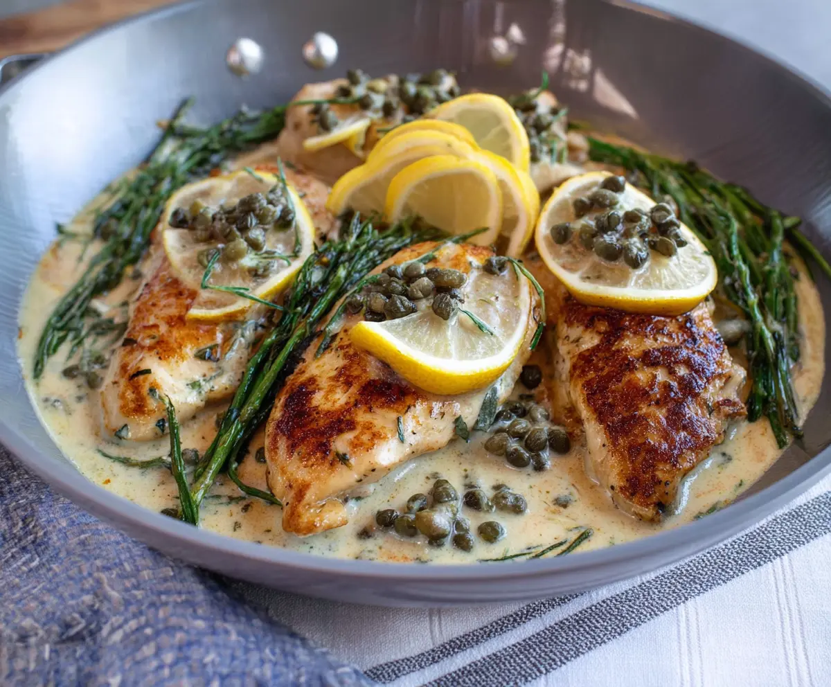 Delicious creamy lemon caper chicken with fresh herbs on a white plate