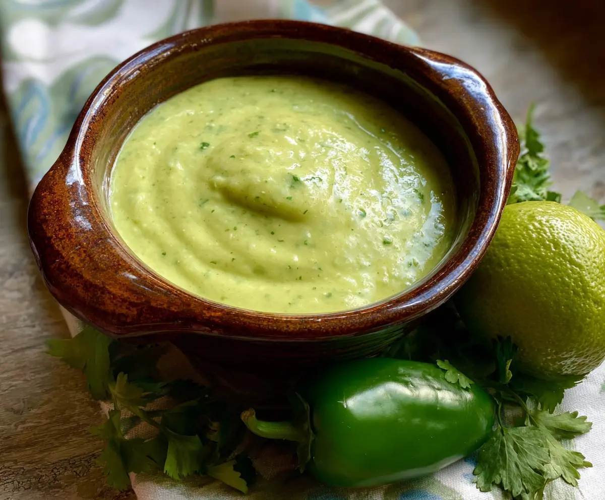 Creamy Tomatillo Avocado Salsa in a bowl with fresh cilantro and lime wedges