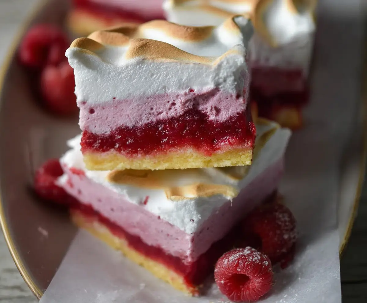 Delicious Double Raspberry Meringue Bars with crisp meringue and fresh raspberry layers