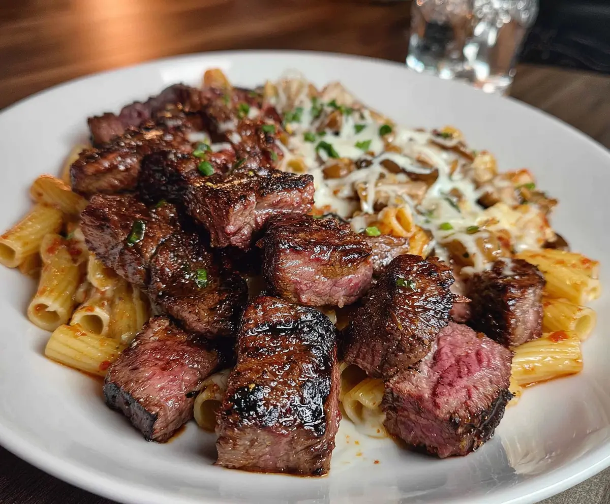 Garlic Butter Steak Bites with Cheesy Mozzarella Rigatoni