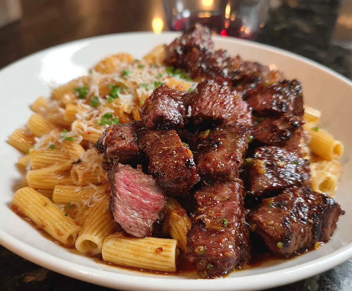 Delicious garlic butter steak bites served with cheesy mozzarella rigatoni on a plate.
