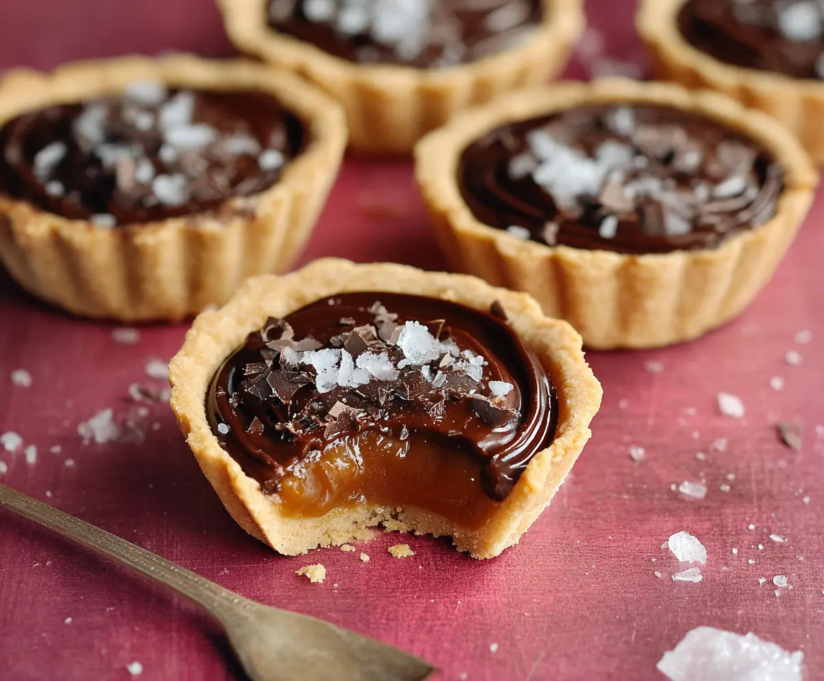 Delicious gluten-free dark chocolate caramel tart garnished with sea salt on a rustic plate.