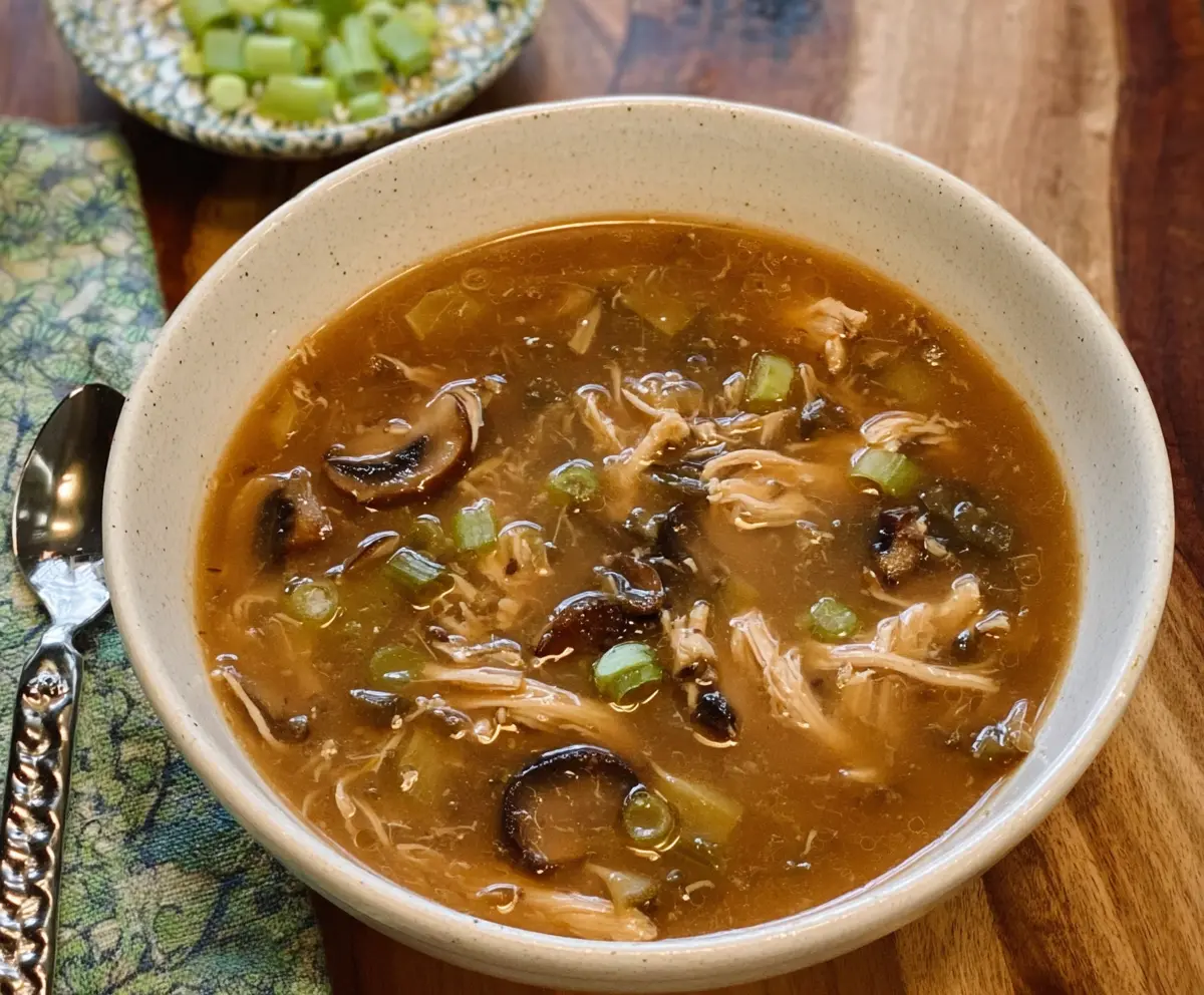 Delicious Instant Pot Hot and Sour Chicken Soup with fresh herbs and vegetables.