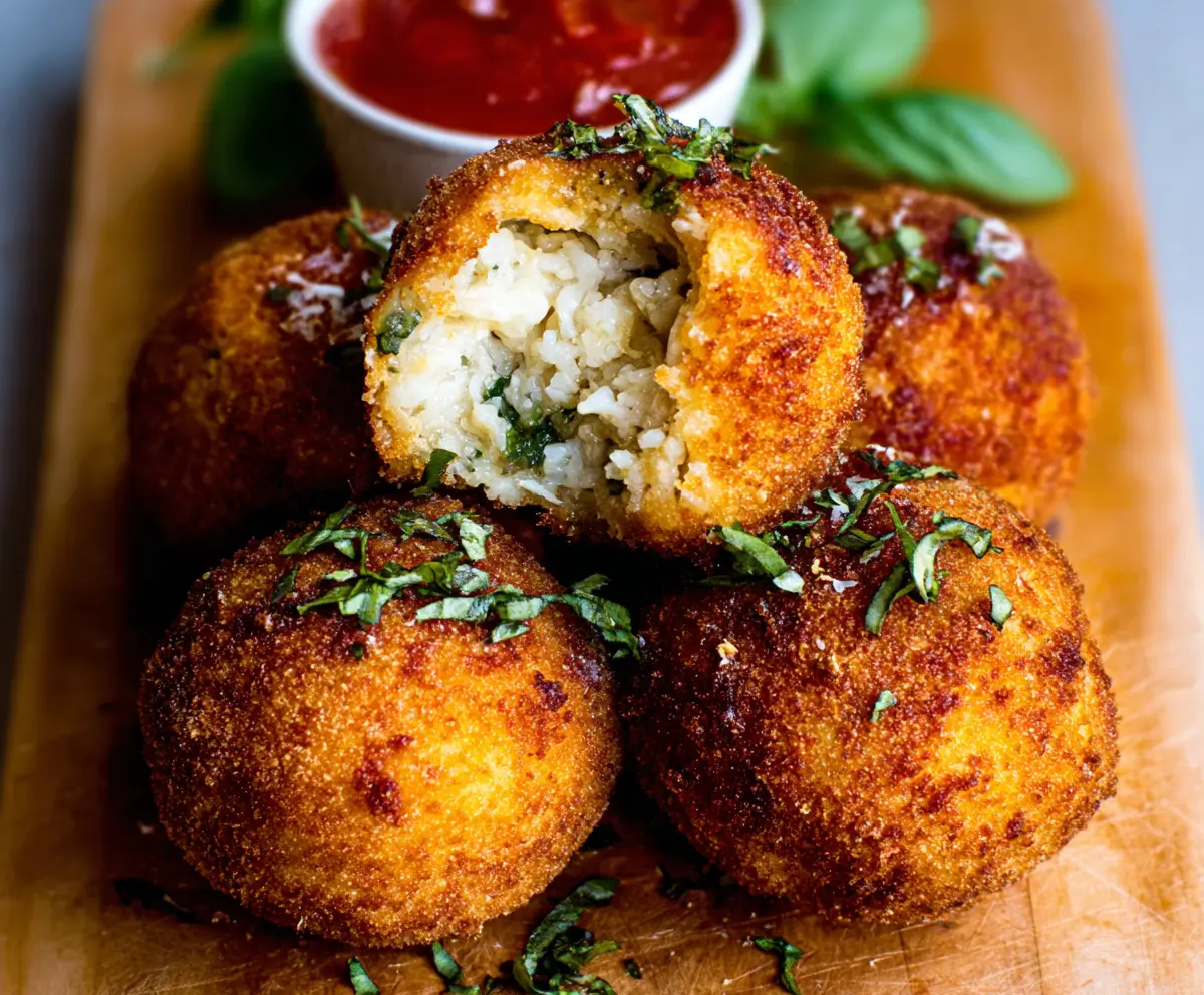 Golden crispy Italian Rice Balls filled with cheese on a rustic plate, garnished with herbs.