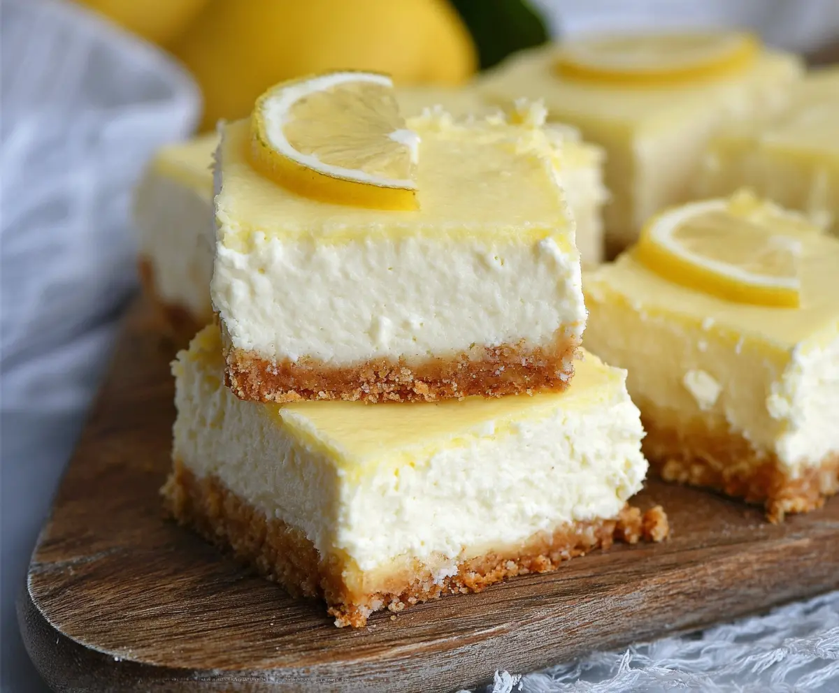 Delicious Keto Lemon Cheesecake Bars with a creamy lemon filling and a graham cracker crust, perfect for a low-carb dessert.