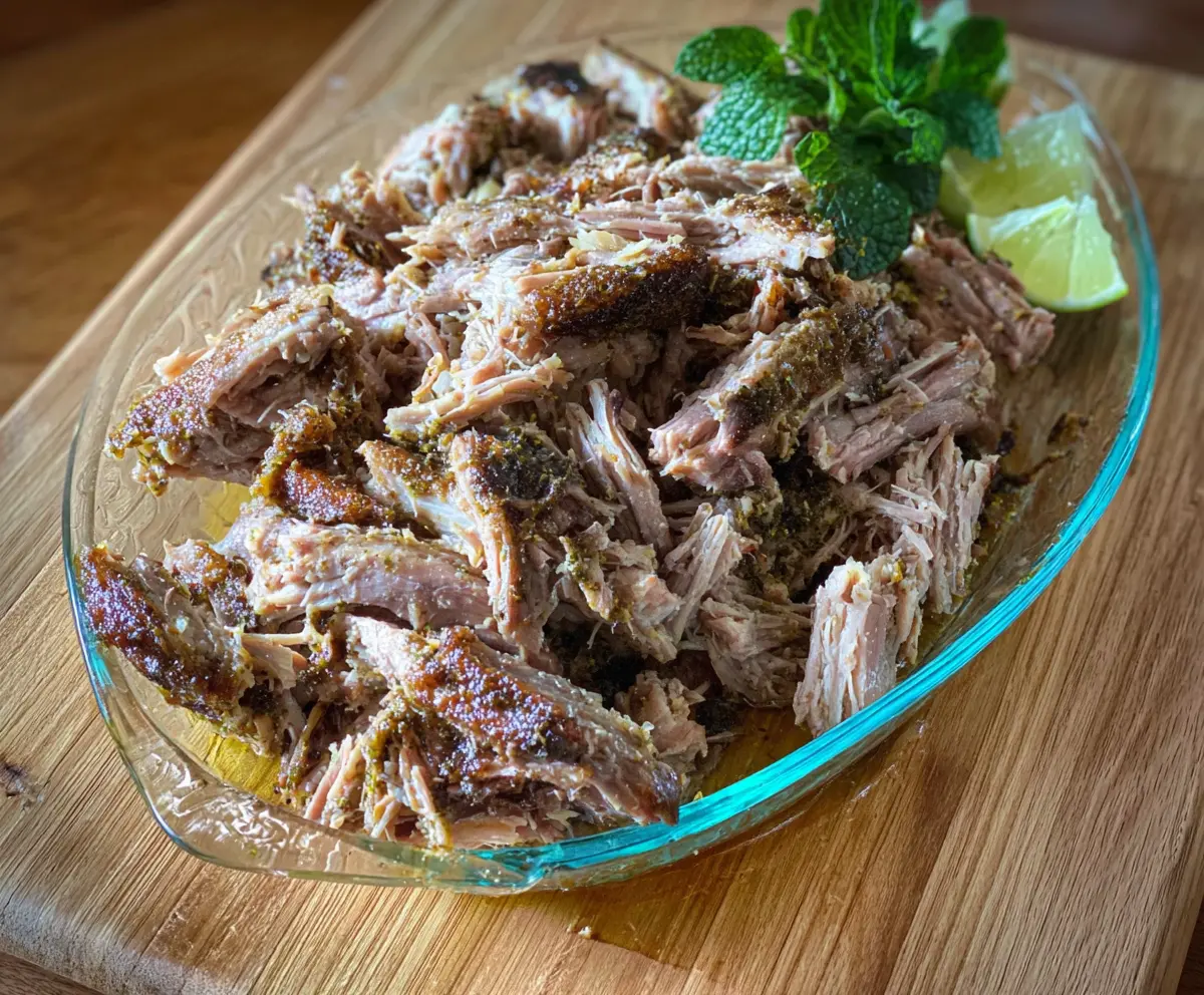 Delicious Mojito Pulled Pork served with fresh herbs and citrus slices on a rustic wooden platter.
