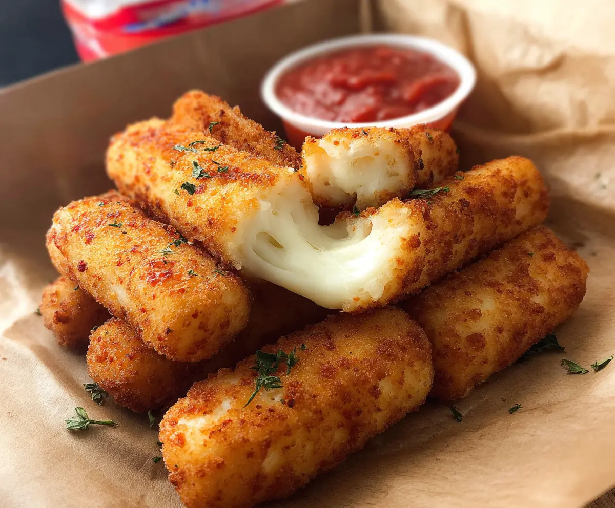 Crispy mozzarella sticks served with marinara sauce on a white plate