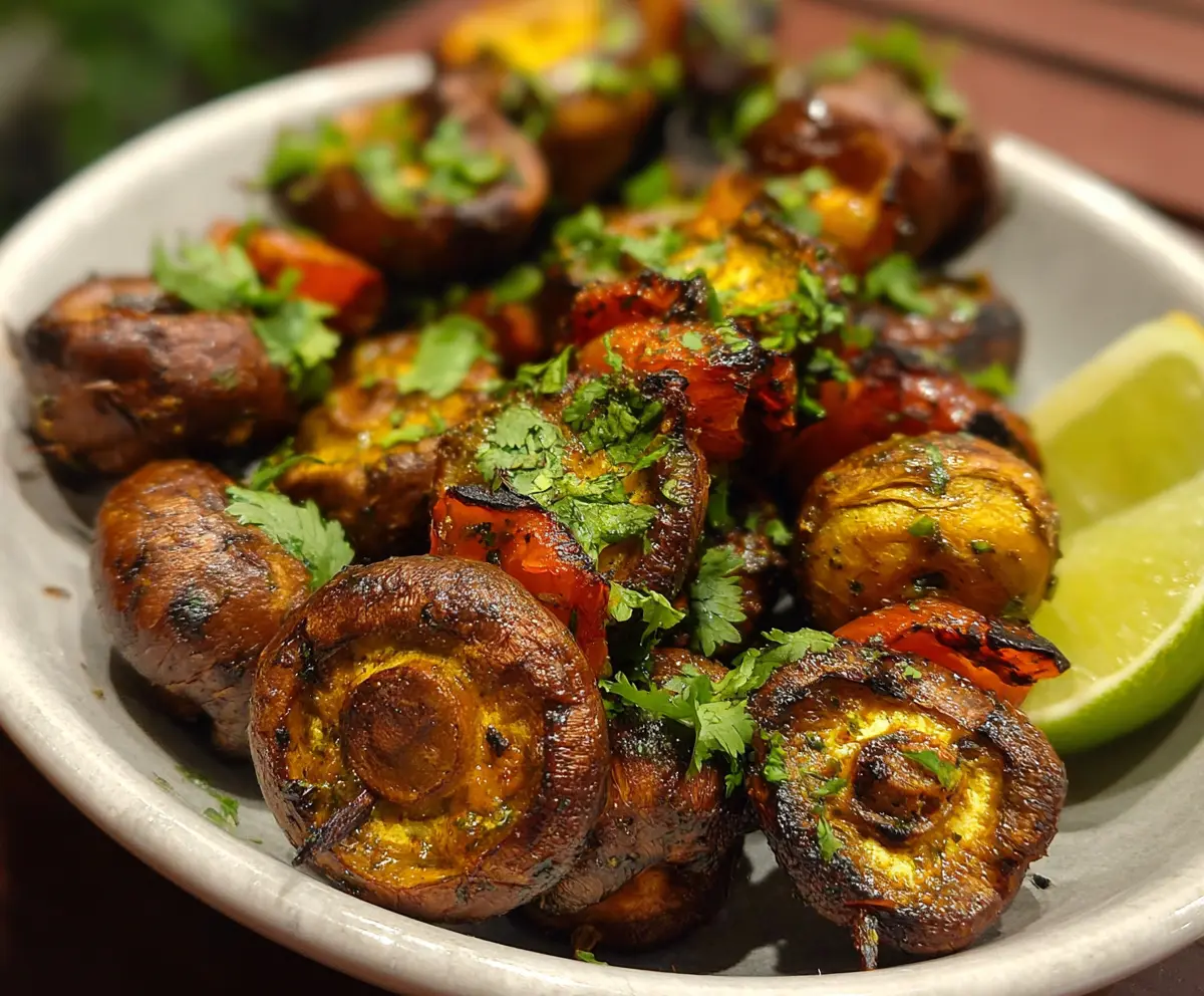 Delicious mushroom tikka skewers grilled to perfection with vibrant spices.