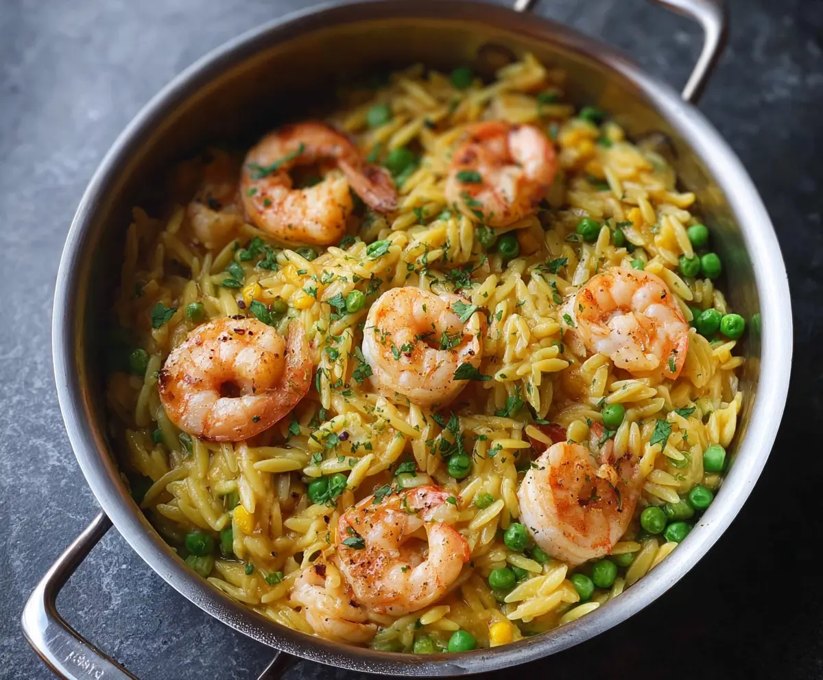 One Pot Pea + Shrimp Orzo