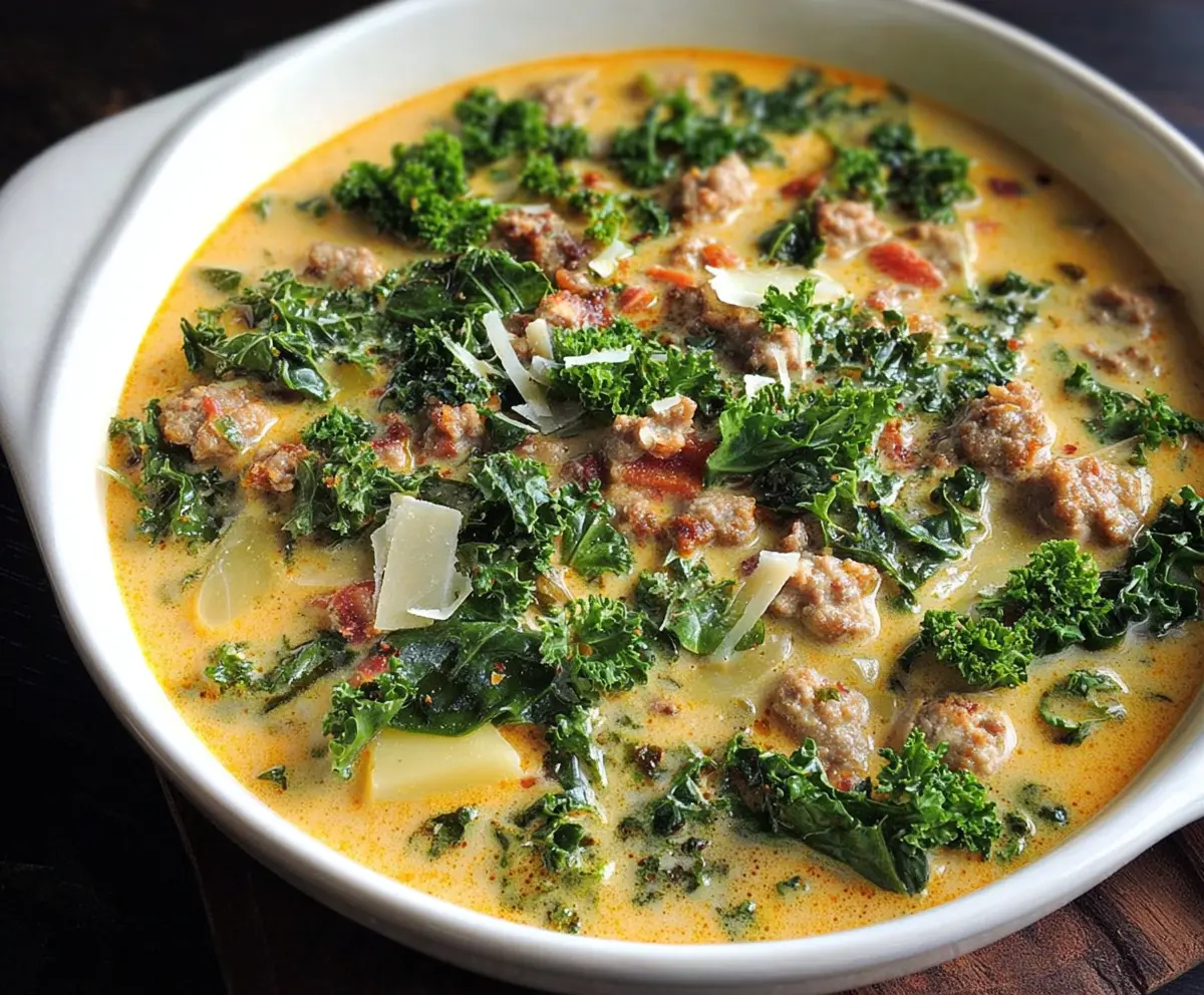Delicious Paleo Creamy Dreamy Sausage and Kale Soup in a bowl, showcasing creamy texture and fresh kale leaves.