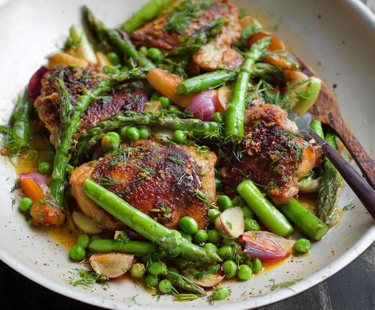 Juicy pan-roasted chicken thighs served with fresh spring vegetables and herbs.