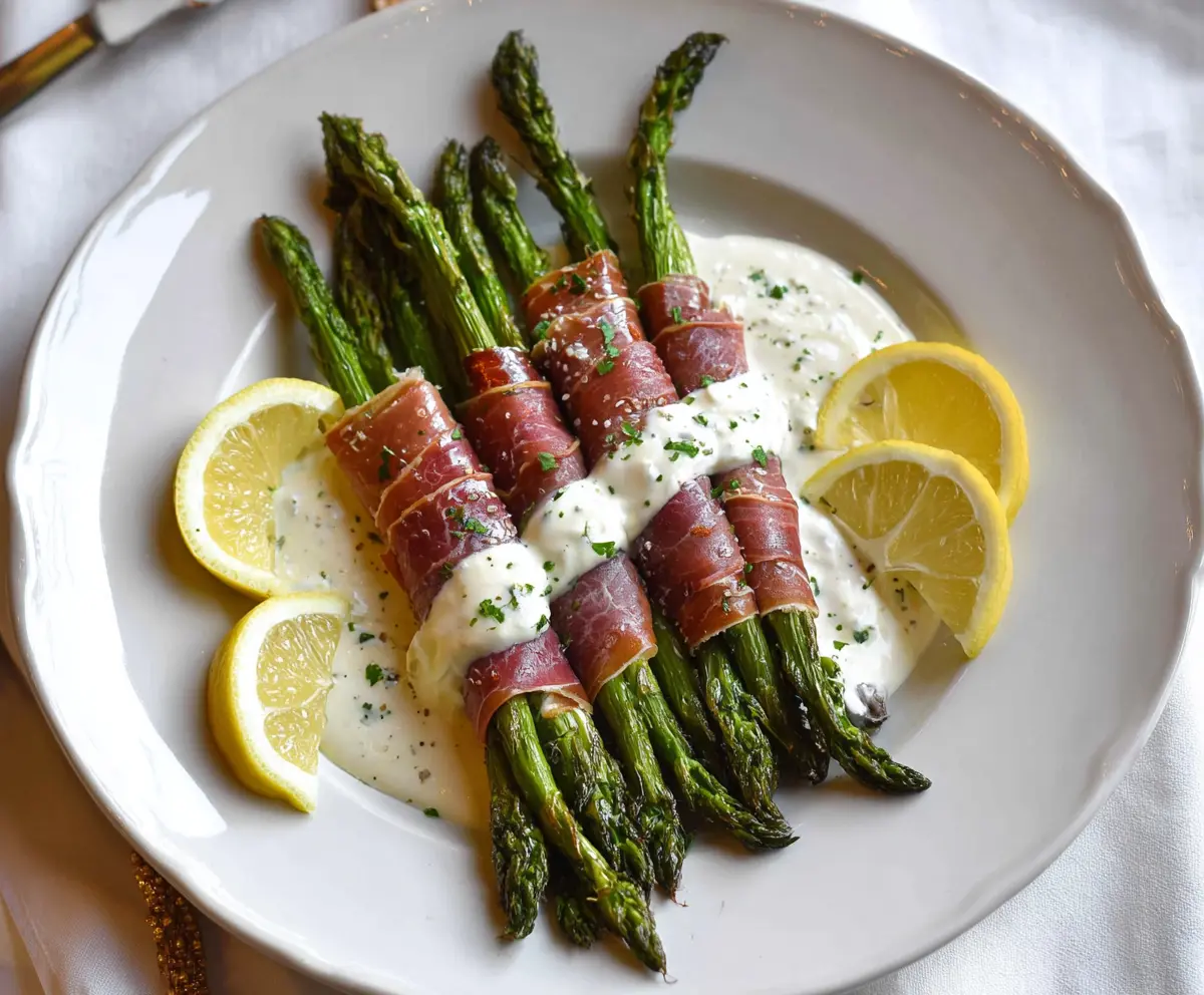 Delicious prosciutto-wrapped asparagus spears drizzled with lemon cream sauce, perfect for appetizers or healthy snacks.