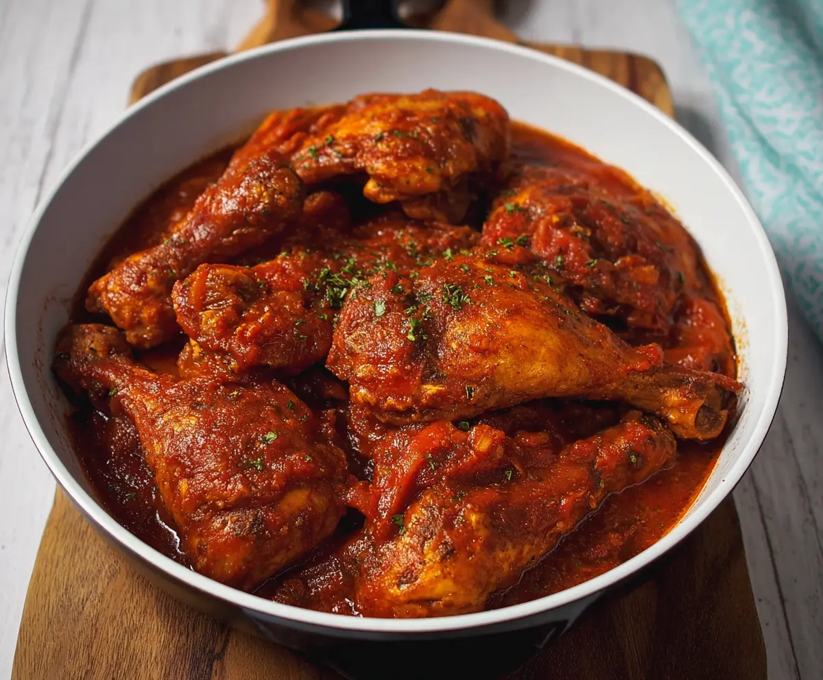 Delicious Red Stew Chicken served with vibrant vegetables and flavorful sauce, perfect for a hearty meal.