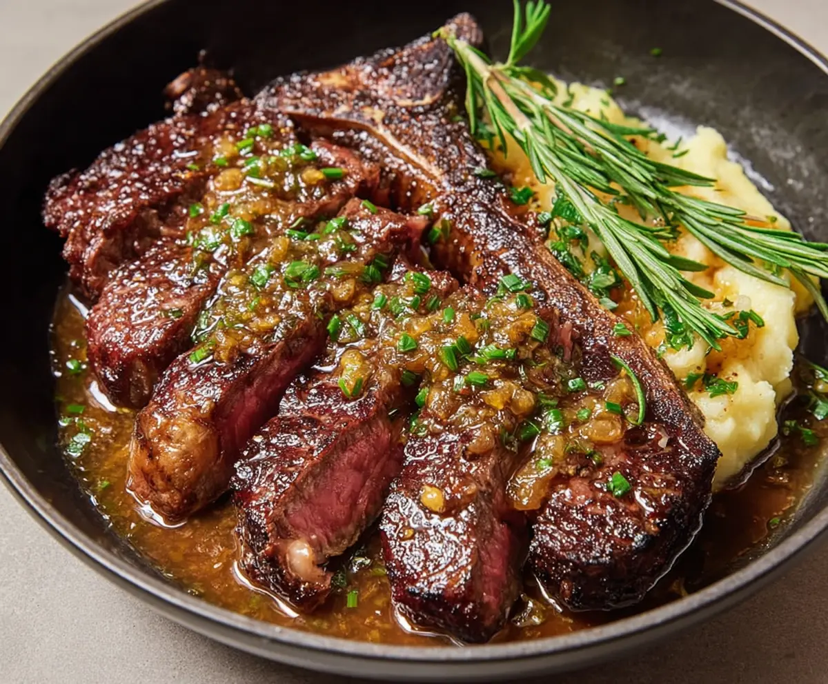 Juicy ribeye steak topped with flavorful roasted garlic pan sauce on a rustic plate.