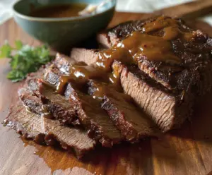 Delicious slow cooker brisket with tender, juicy meat and flavorful herbs.