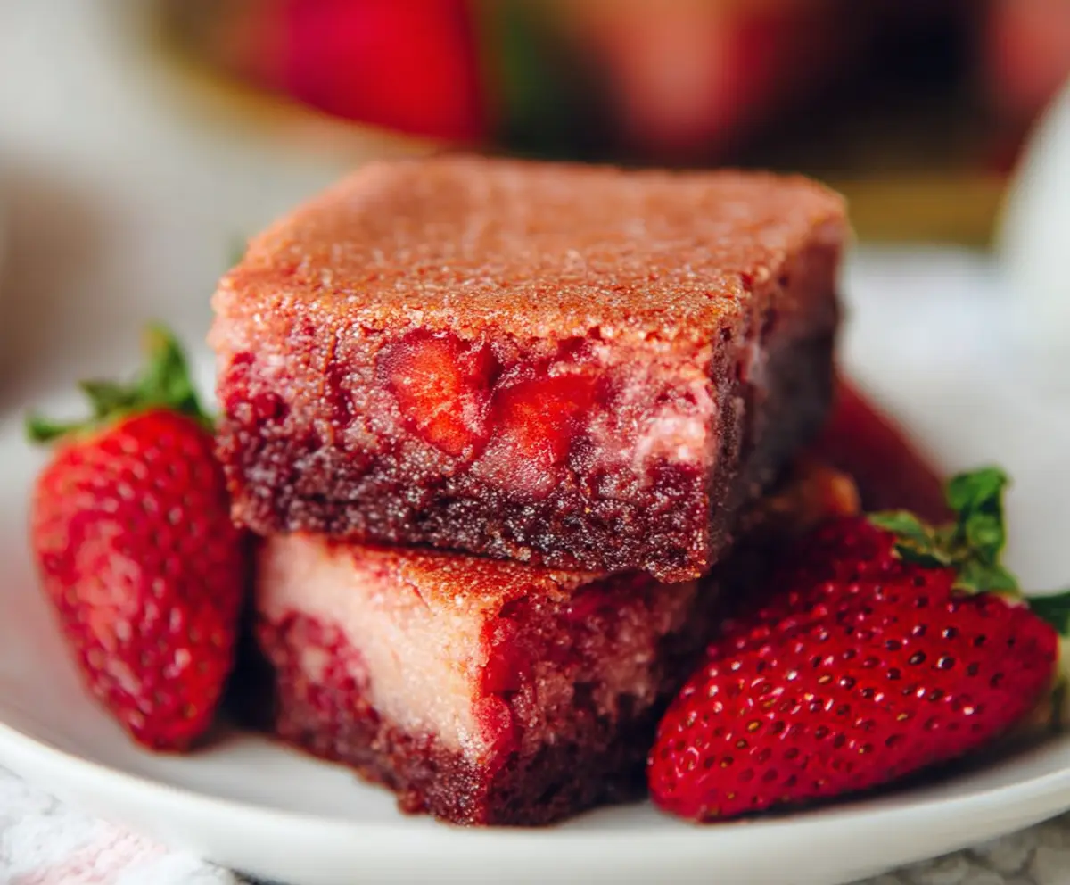 Delicious homemade strawberry brownies with fresh strawberries and rich chocolate.