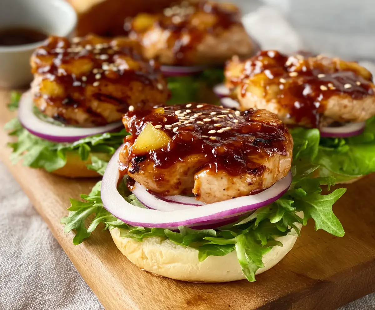 Juicy Teriyaki Chicken Burgers topped with fresh vegetables on a plate.