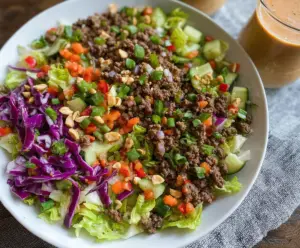 Fresh Thai ground beef chopped salad with herbs and vegetables in a bowl, healthy Asian-inspired dish.