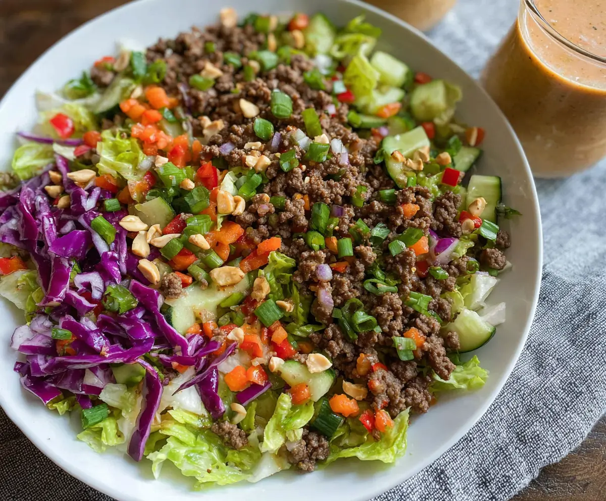 Fresh Thai ground beef chopped salad with herbs and vegetables in a bowl, healthy Asian-inspired dish.