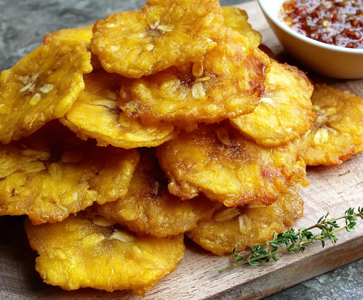Golden crispy tostones served with a side of fresh dipping sauce on a wooden platter.