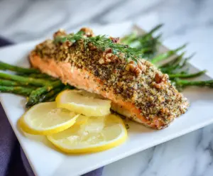 Delicious walnut-crusted salmon fillet cooked to perfection with a crispy coating and tender interior.