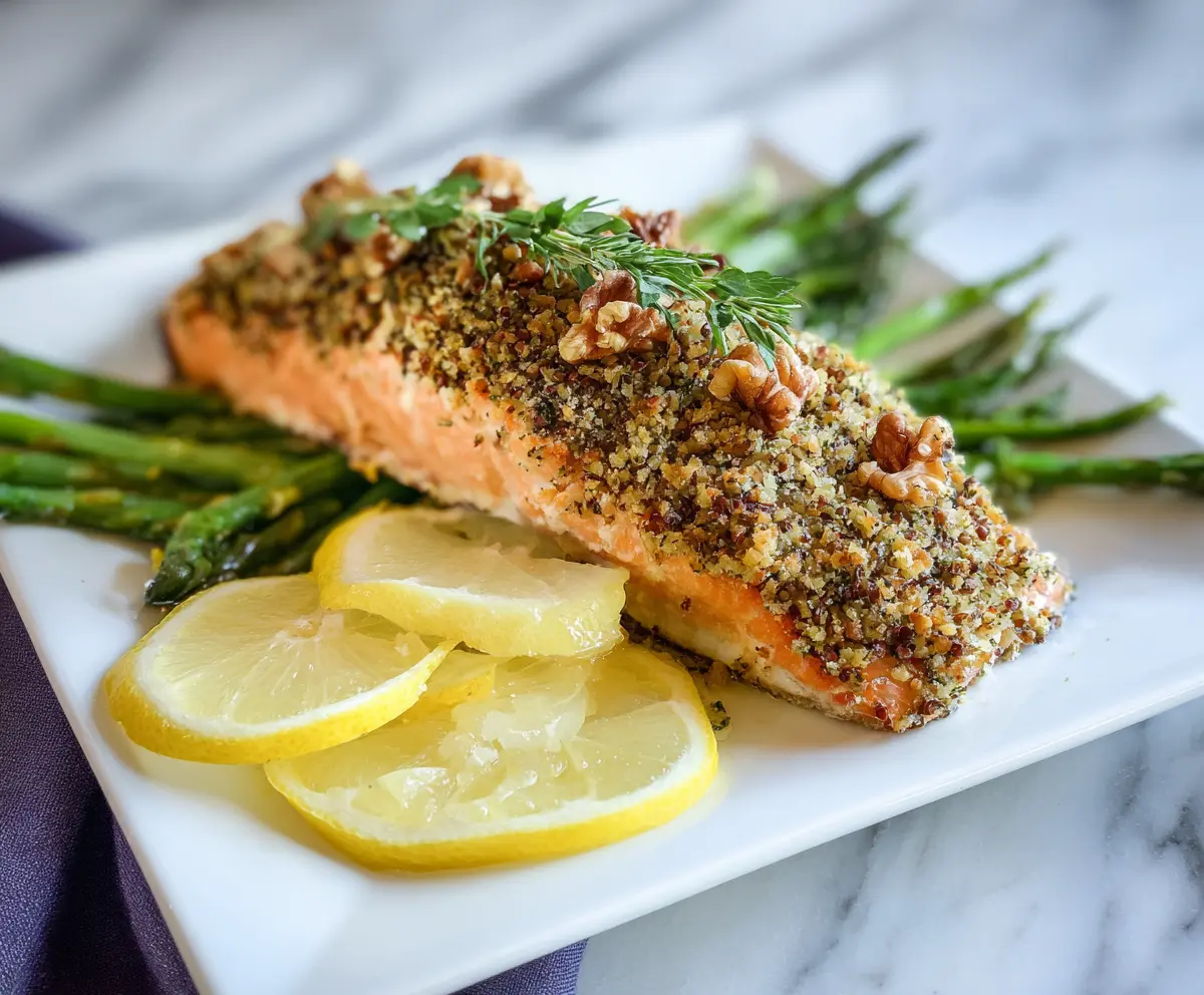 Delicious walnut-crusted salmon fillet cooked to perfection with a crispy coating and tender interior.