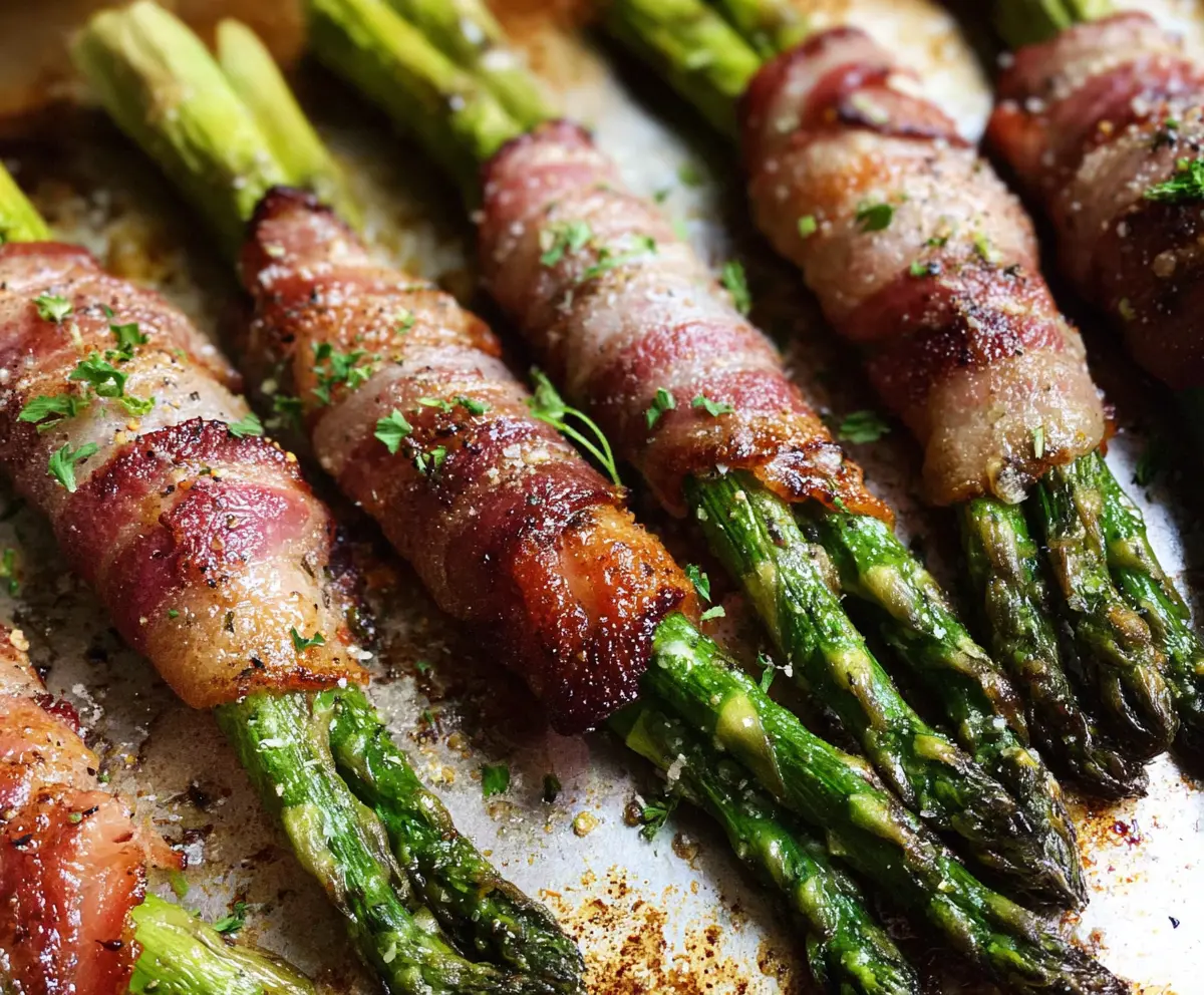 Delicious Whole30 bacon wrapped asparagus spears on a white plate.