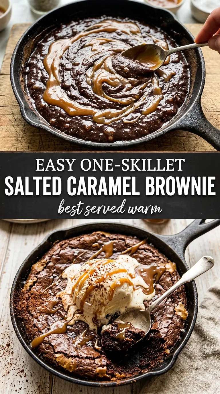 Fudgy Salted Caramel Skillet Brownie rich gooey chocolate